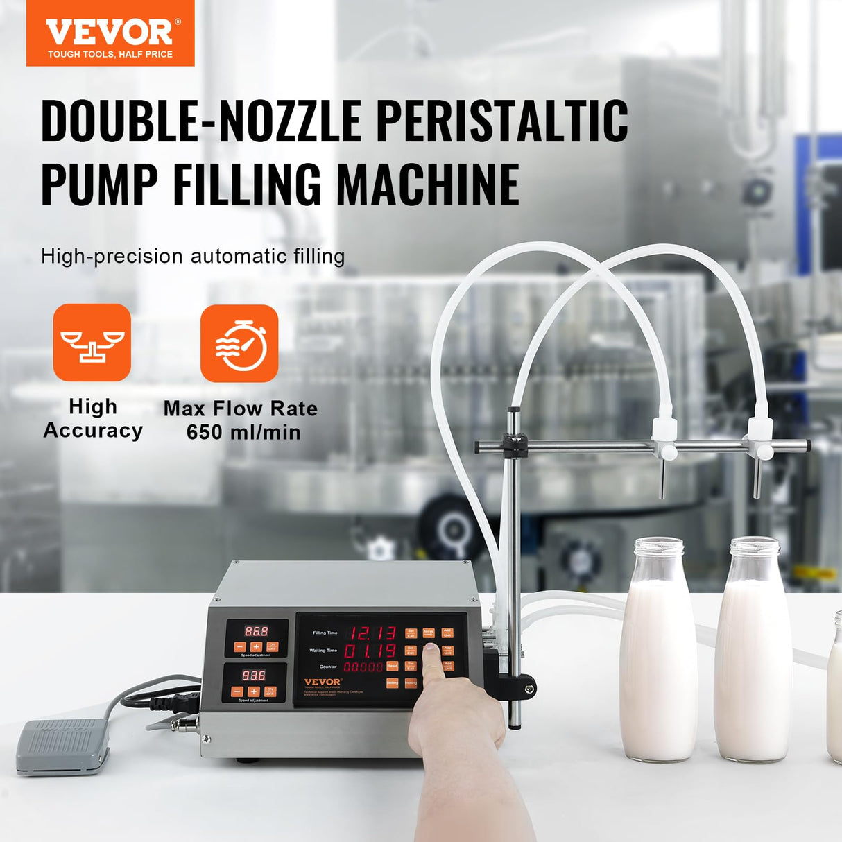 VEVOR Máquina Automática de Llenado de Líquidos Capacidad de Pesaje 5 a 650ml Llenadora de Botellas Bomba Peristáltica de Control Digital para Leche, Agua, Vino, Bebidas, Salsa de Soja, Boquilla Doble