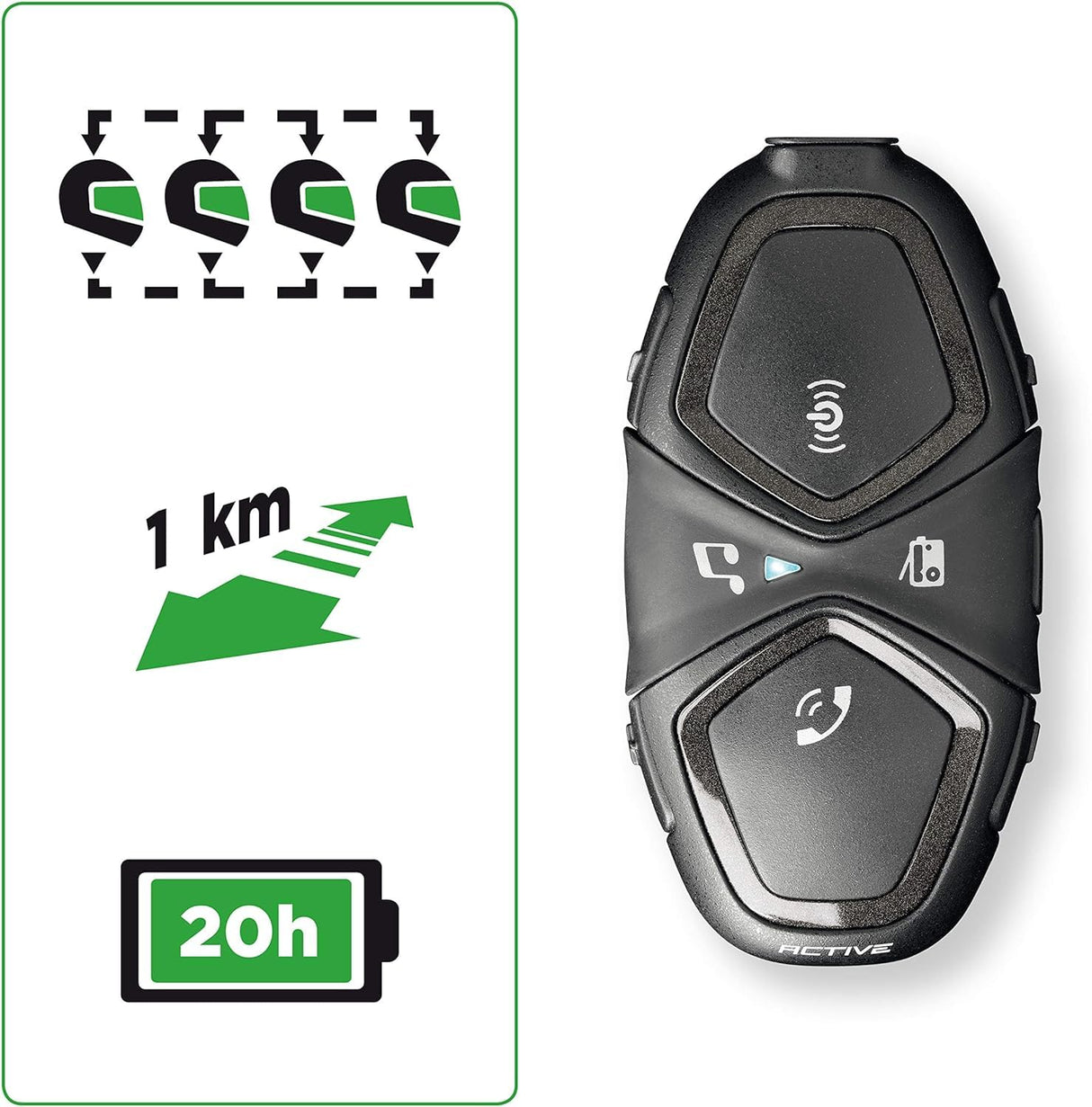 INTERPHONE Active HD – Intercomunicador para Casco de Moto, estéreo, Alta fidelidad, 40 mm, 4 Motociclistas, Distancia máxima 1 km, autonomía 15 Horas, Radio, GPS, TFT, Impermeable IPX67