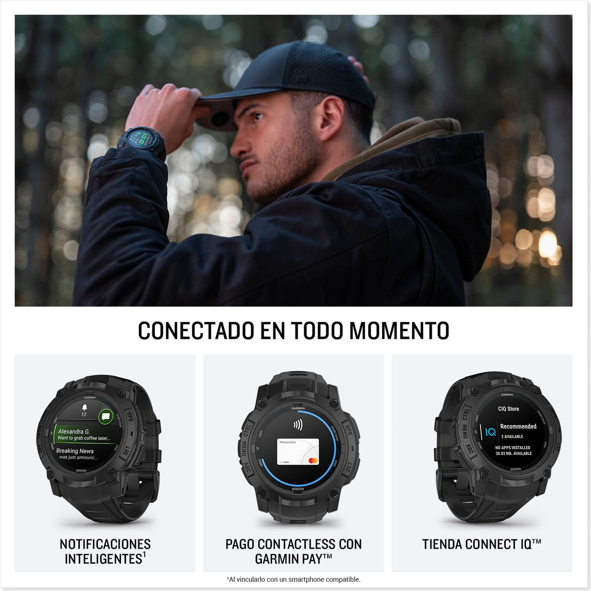 Garmin Instinct 3 Tactical Edition, 50 mm, Reloj Inteligente con GPS Resistente al Agua, Pantalla AMOLED, Funciones Tacticas, Monitorización de la Salud, Linterna LED, hasta 24 días autonomía, Negro