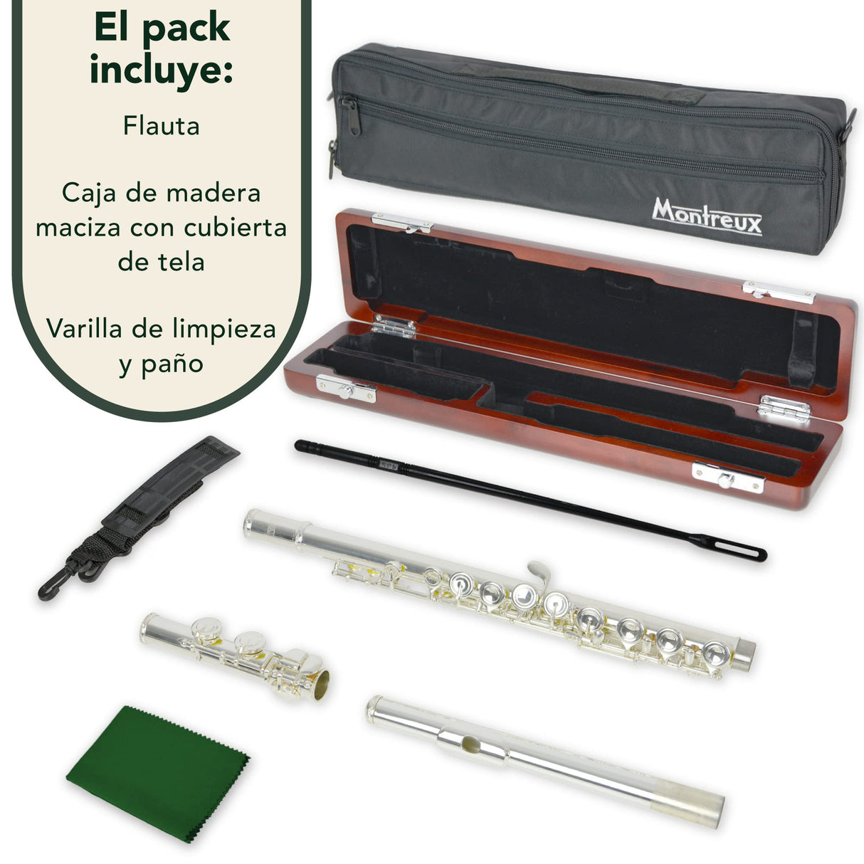 Montreux Concert Series Intermediate Advanced Flauta Con Placa Labial De La Articulación De La Cabeza De Plata Sólida,Premium Y Bolsa De Transporte - Cuerpo Plateado, Offset G, Mecanismo Dividido,PieC