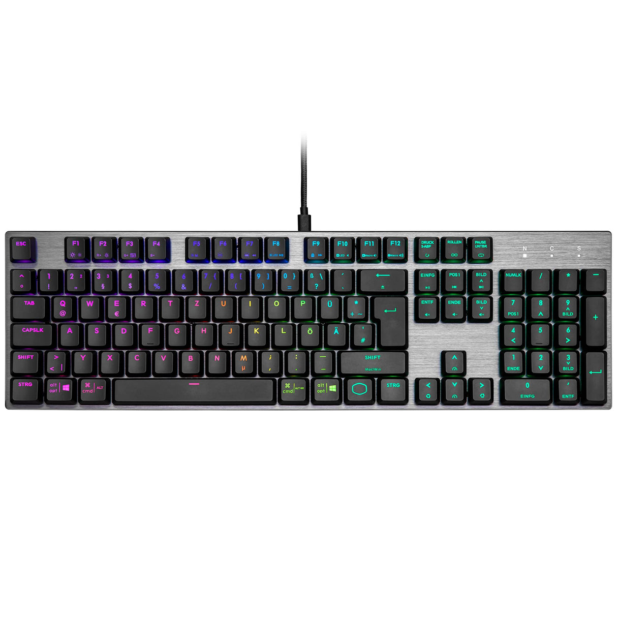 Cooler Master Teclado mecánico SK652 para Juegos, retroiluminación RGB, Control sobre la Marcha, Aluminio Cepillado, diseño alemán QWERTZ/Teclas Rojas