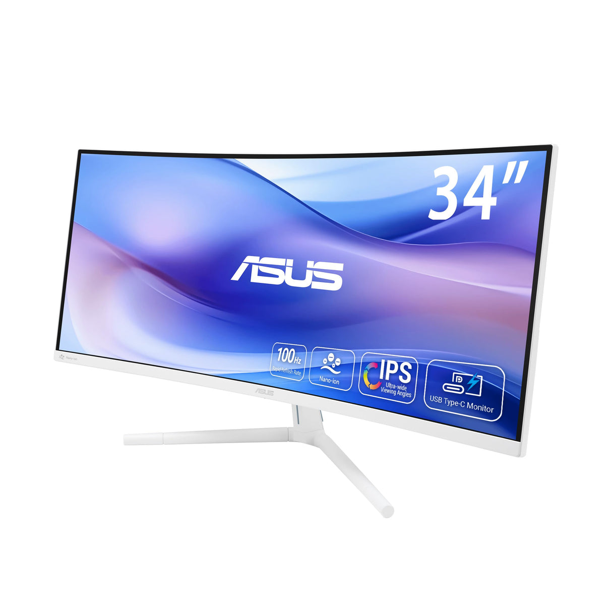 ASUS VU34WCIP-W Monitor Eye-Care WQHD de 34 Pulgadas, 3440x1440, curvatura 1500R, sin Marco, 100 Hz, ionizador de Aire, SmoothMotion, Eye Care Plus, USB-C PD 65 W, Altavoces, sostenibilidad óptima