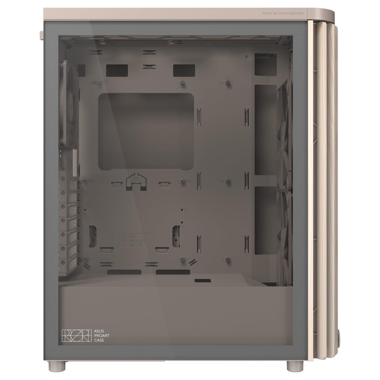 ASUS ProArt PA401 Wood Edition - Chasis ATX con Panel de Vidrio Templado, Compatible con GPU de 314mm, Compatible con radiadores de 240 mm, Dos Ventiladores de 160mm, Soporte de PSU extraíble - Beige