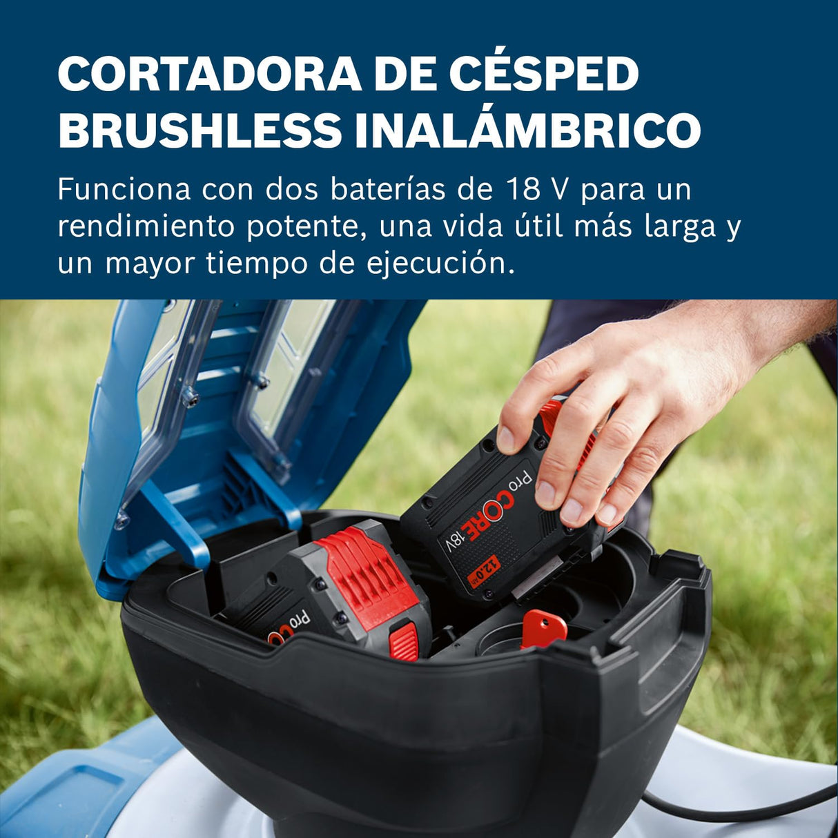 Bosch Professional 18V System cortacésped a batería GRA 18V2-46 (ancho de corte: 46 cm, 6 niveles de altura de corte, cesto de tela de 60 litros, incl. 2 llaves de aislamiento, tapón de triturado)