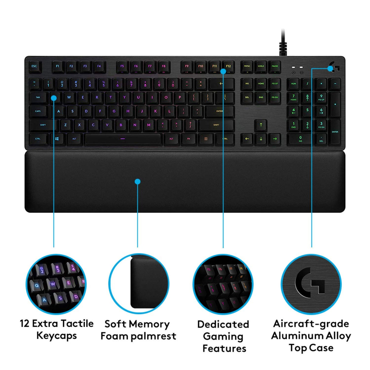 Logitech G Teclado mecánico para Gaming 513, interruptores táctiles GX-Brown, iluminación RGB, Bucle USB, reposamuñecas con Espuma viscoelástica, Carcasa de Aluminio, diseño QWERTY de EE. UU., Negro