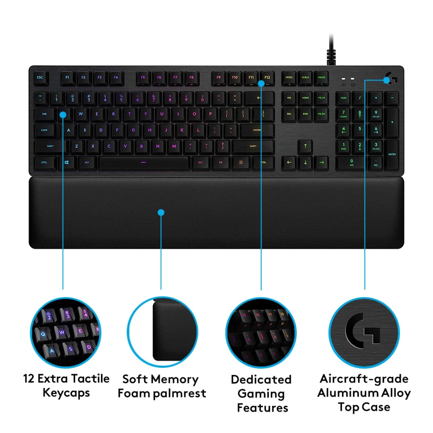 Logitech G Teclado mecánico para Gaming 513, interruptores táctiles GX-Brown, iluminación RGB, Bucle USB, reposamuñecas con Espuma viscoelástica, Carcasa de Aluminio, diseño QWERTY de EE. UU., Negro