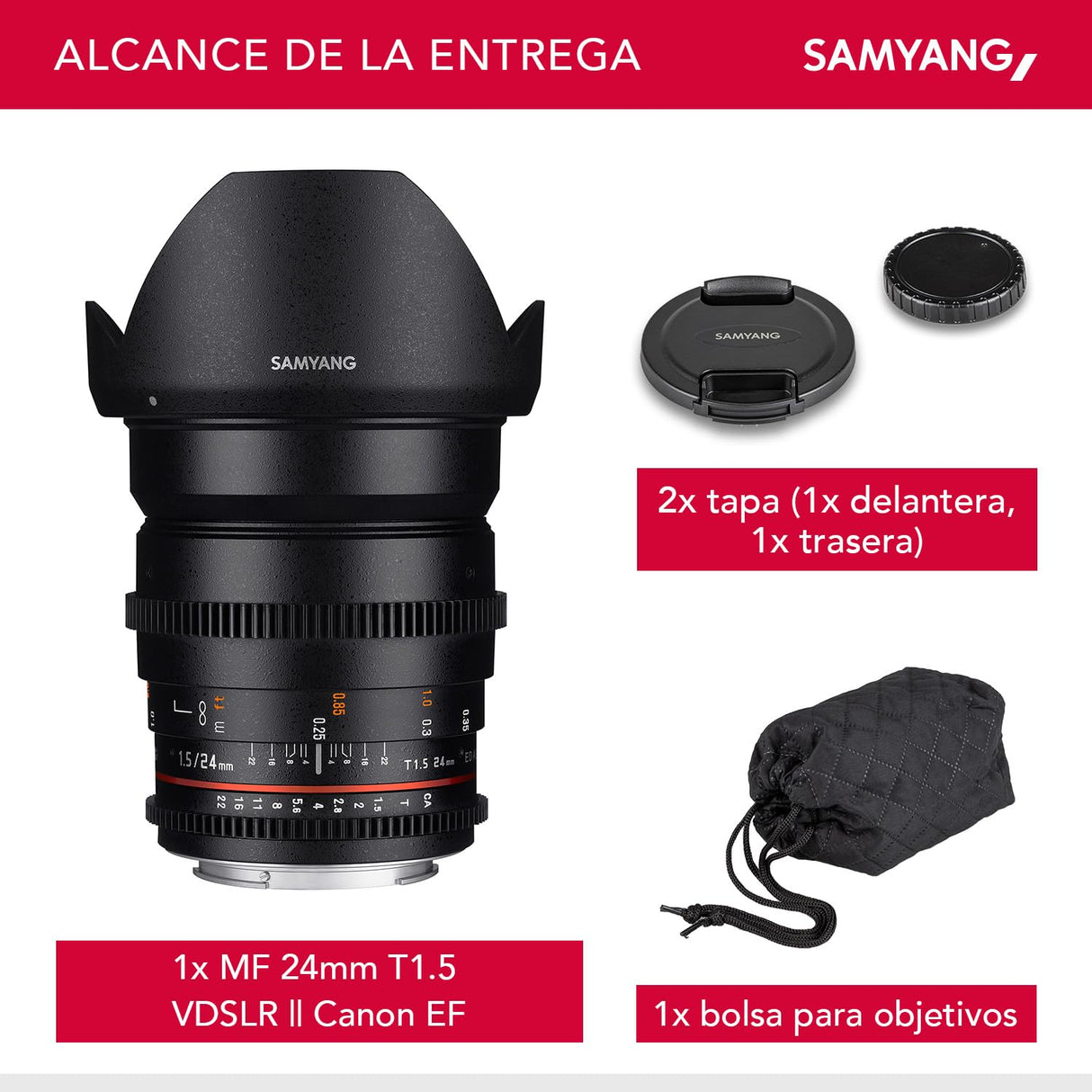 Samyang F1312801101 - Objetivo para vídeo VDSLR para Canon EF (Distancia Focal Fija 24mm, Apertura T1.5-22 ED AS IF UMC II, diámetro Filtro: 77mm), Negro