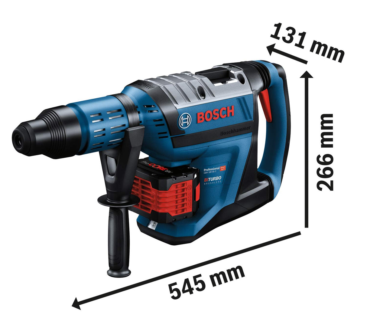 Bosch Professional BITURBO GBH 18V-45 C - Martillo perforador a batería (Brushless, 18V, 12,5 J, Ø máx. hormigón 45 mm, SDS max, Connectivity, sin batería, en maletín)
