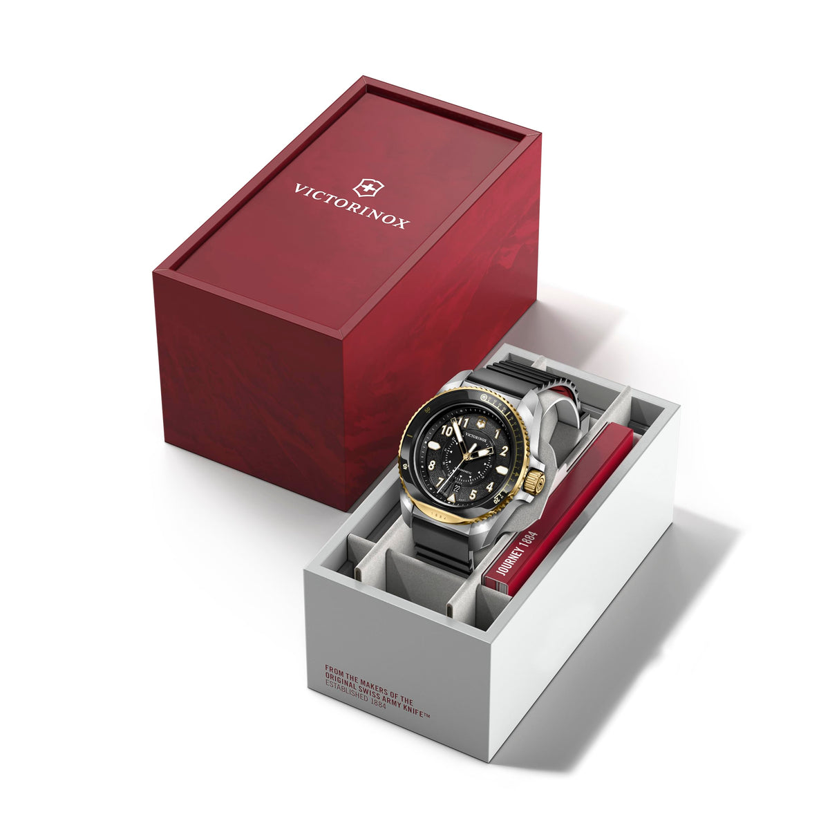 Victorinox Journey 1884 Ø 43 mm Reloj de Pulsera de Hombre, Swiss Made, Cuarzo analógico, Sumergible hasta 200 m, Pulsera de Caucho, Negro