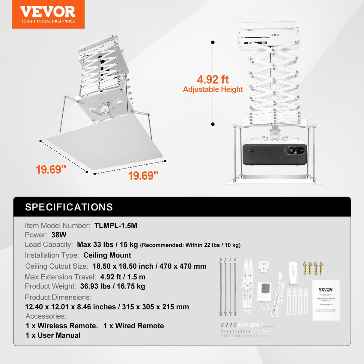 VEVOR Elevador de Proyector Motorizado Elevador de Proyector Eléctrico de Altura Ajustable de 1,5 m, Soporte de Techo para Proyector Oculto con Control Remoto y con Cable para Hogar, Oficina, Blanco
