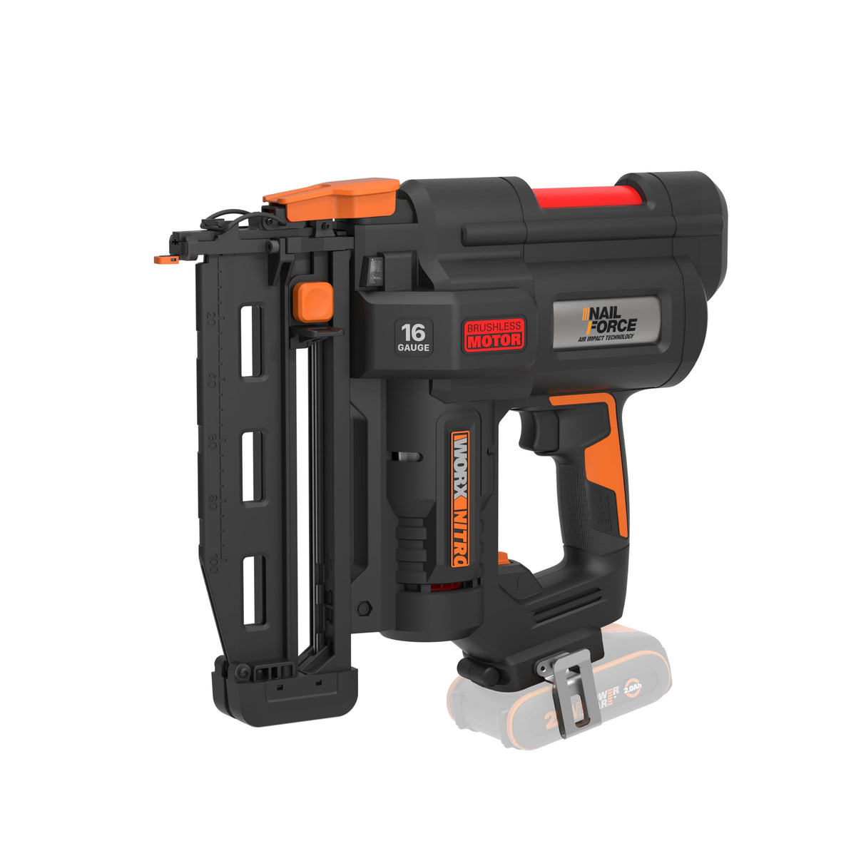 WORX WX841.9 Nitro 20V Clavadora sin cable de calibre 16 | clavadora inalámbrica| pistola de clavos alimentada por batería con liberación de atascos sin herramientas| PowerShare - Solo herramienta