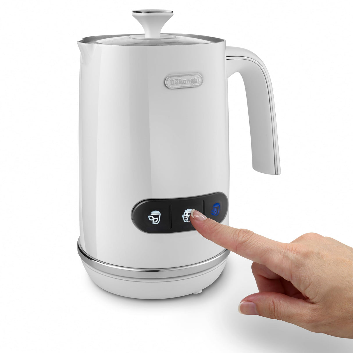 De'Longhi Espumador de leche eléctrico LatteMix EMF3.W para leche caliente y fría y alternativas vegetales, fácil limpieza, tapa transparente, 3 botones, 250 ml, color blanco