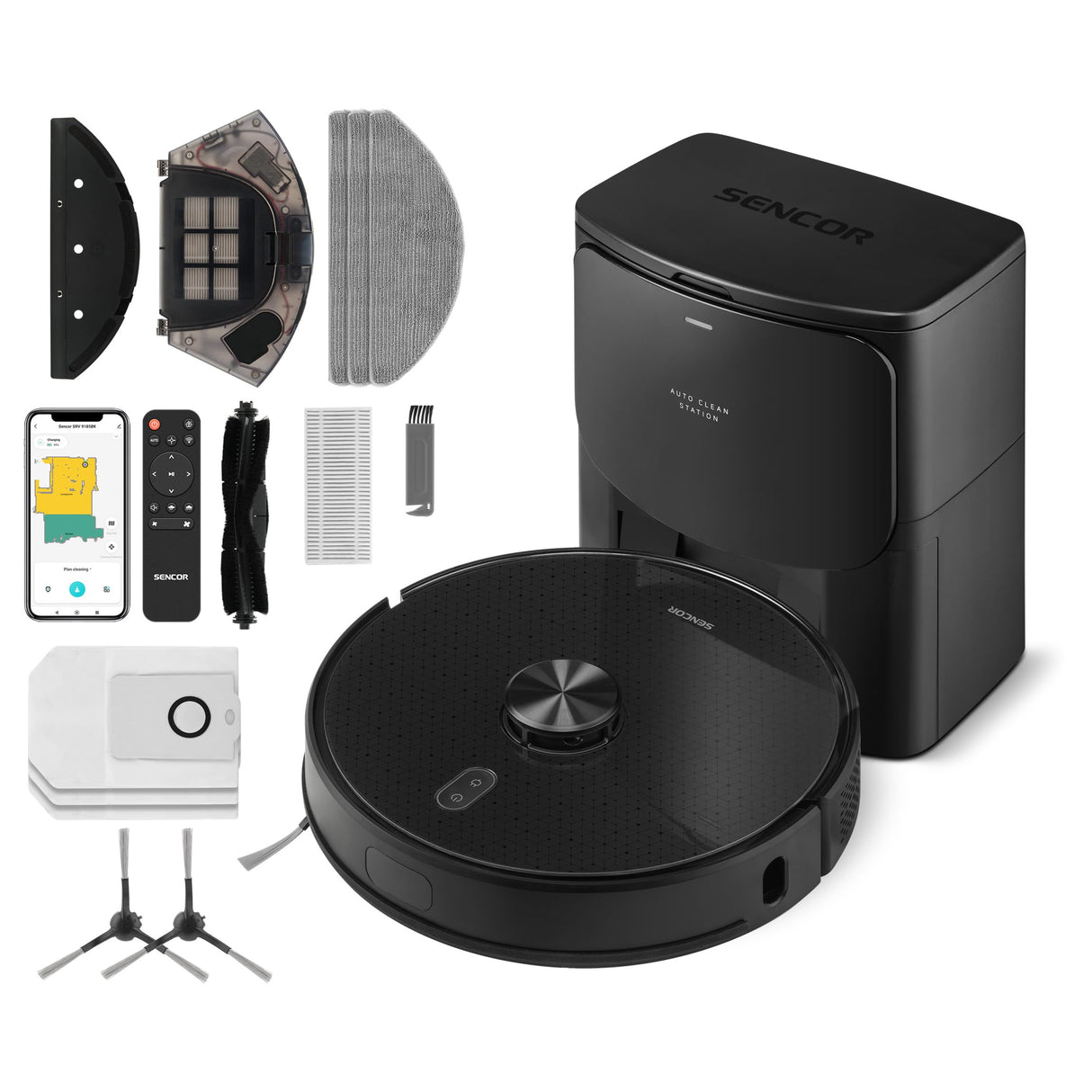 Sencor SRV 9185BK Robot Aspirador y fregasuelos, Ultra Potente 3000Pa, Estación de Vaciado Automático, Navegación LiDAR, Silencioso, Ideal para Pelos Mascotas, Control por App y Alexa, Larga Autonomía