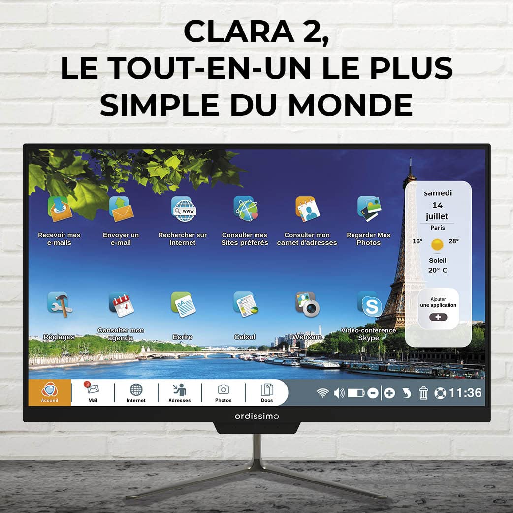 Ordissimo - Computadora de Escritorio Todo en uno Clara 2 para Personas Mayores - Fácil de Usar - Interfaz intuitiva - Pantalla de 23,8 Pulgadas - Gran Capacidad de Almacenamiento - Teclado y Mouse