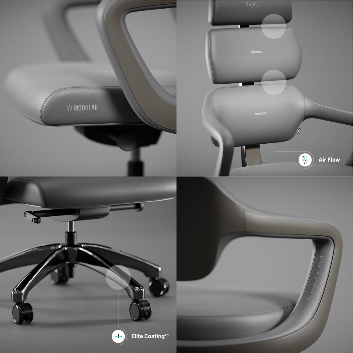 Diablo Silla Oficina V-Modular | Respaldo, Ajuste de Asiento y Respaldo, Reposacabezas Desmontable - Silla Despacho para la Oficin | Elegante Cuero, Robusta Estructura de Aluminio | Gris