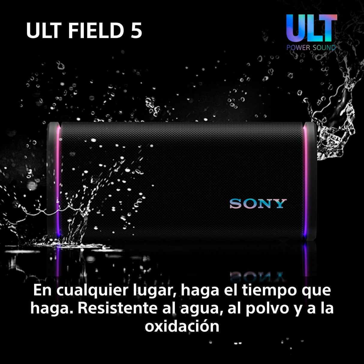 Sony ULT Field 5, Altavoz portátil Bluetooth Potente, 25 H de batería, 2 Modos ULT Power Sound, Resistente al Agua y al Polvo, 360 Luces, Correa Extraible para el Hombro, Compacto, Negro