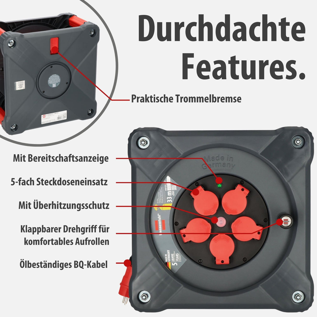 Brennenstuhl Carrete de Cable Profesional KA 3110 5 IP44 (Cable H07BQ-F 3G1,5 de 33 m en Rojo, Uso en Obra y Exterior Permanente, 5 enchufes de Seguridad, Made in Germany)