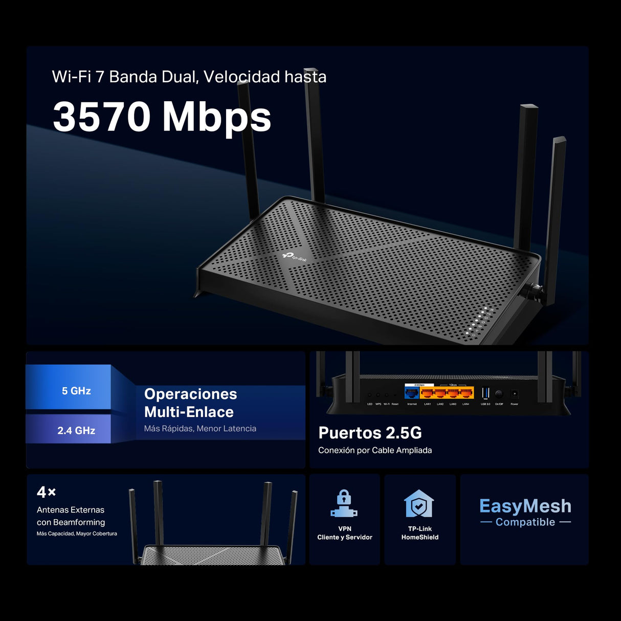 TP-Link Archer BE3600 - Router WiFi 7, BE3600 Mbps de Doble Banda, 2 Puertos × 2,5 Gbps, tribanda, 2×2 MU-MIMO, OFDMA, MLO, WiFi 7 sin precedentes, Compatible con EasyMesh, HomeShield, VPN