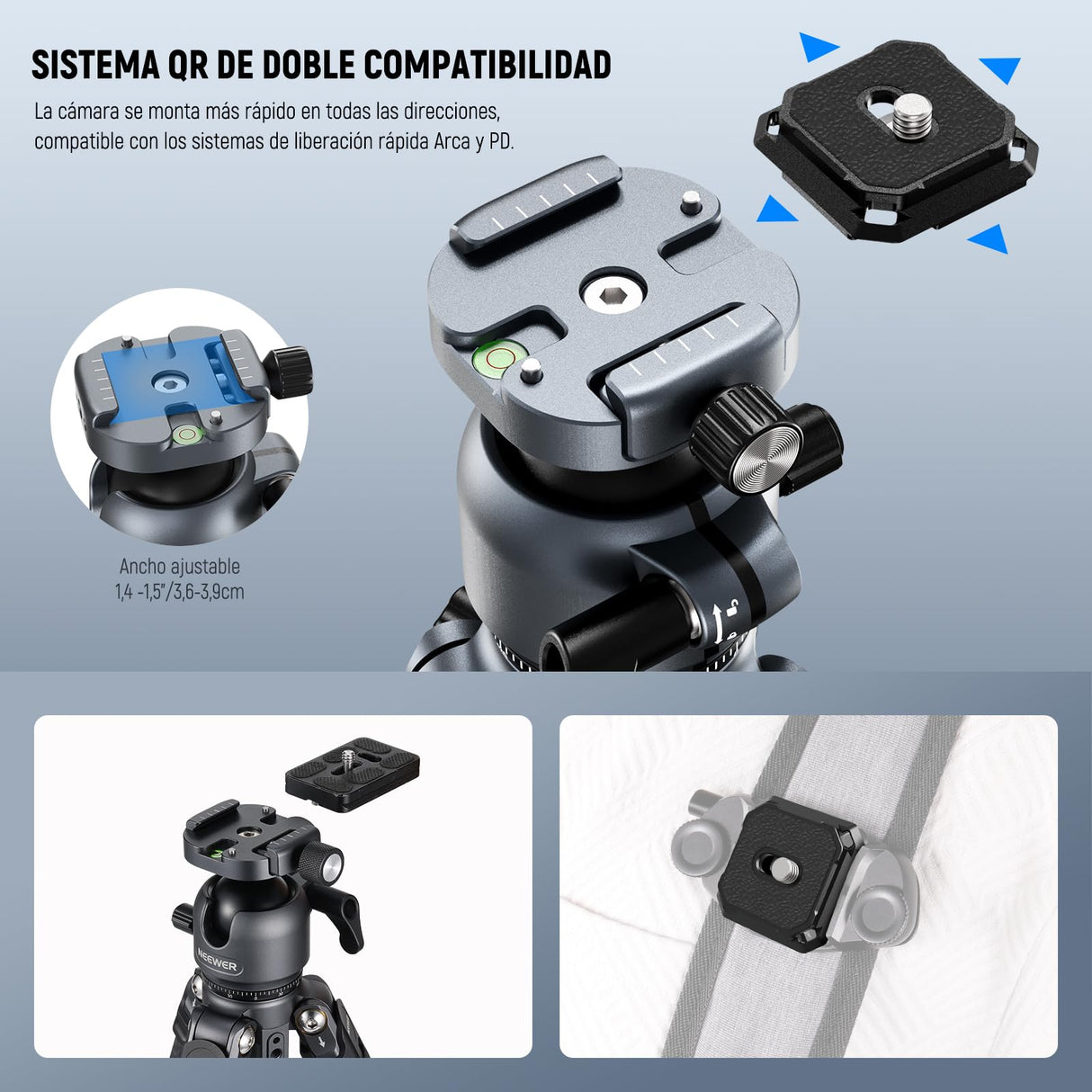 NEEWER LITETRIP LT38 - Trípode de viaje de fibra de carbono de 61 pulgadas para cámara, cabezal de bola de perfil bajo de inclinación panorámica de 360°, eje central flexible, placa QR Arca compatible