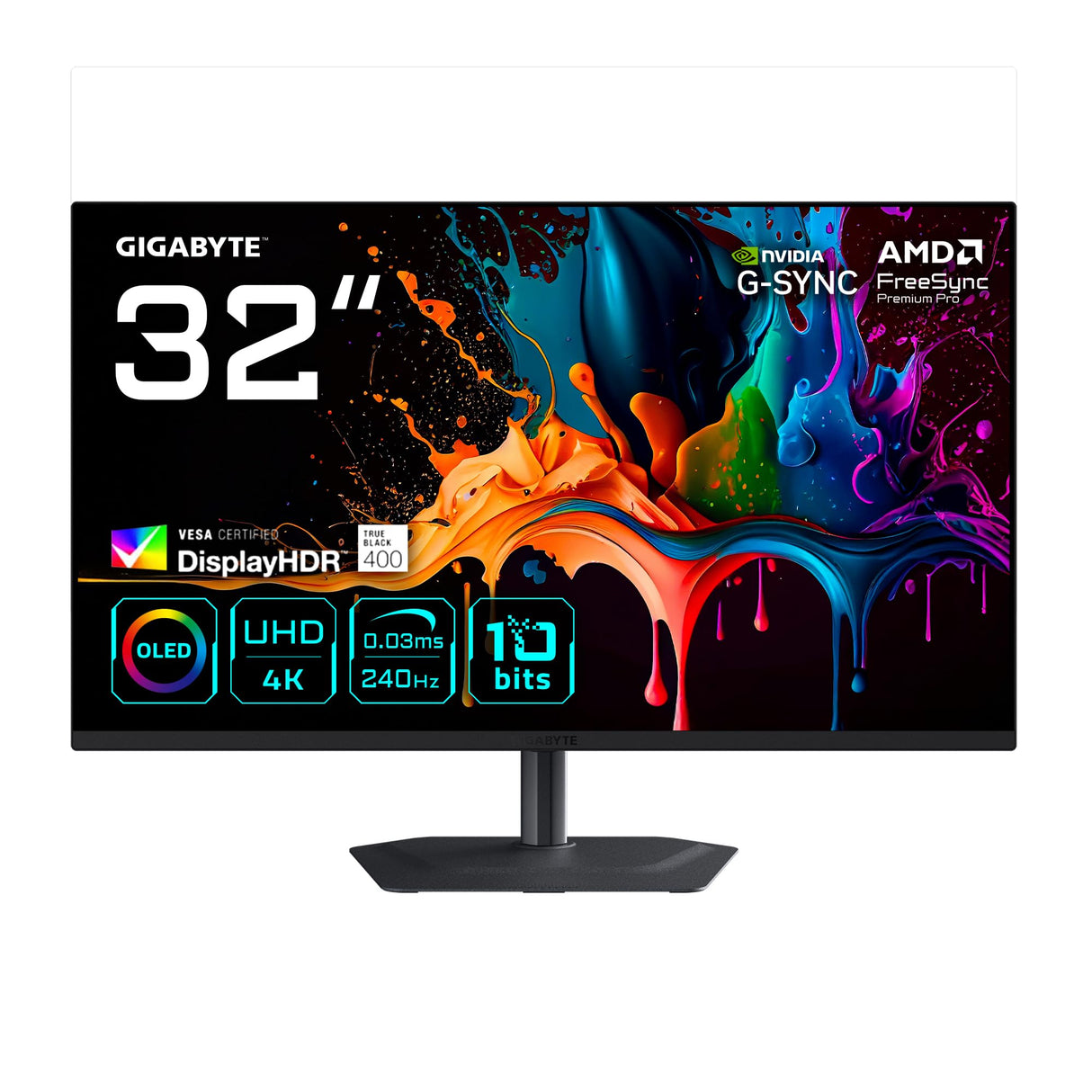 GIGABYTE MO32U2 Monitor Gaming OLED 32” 4K UHD - 3840 x 2160, 240Hz, 0.03ms, 250 CD/m², G-Sync Compatible, FreeSync Premium Pro, Display HDR True Black 400, HDMI 2.1, DisplayPort 1.4