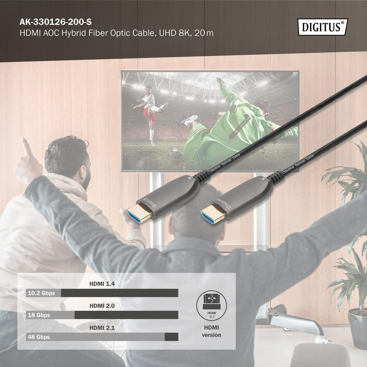DIGITUS HDMI AOC Cable híbrido de fibra óptica - HDMI 2.1 - 30m - 8k/60Hz - UHD-II - canal Ethernet - HDR eARC HDCP 2.2 - compatible con TV/beamer/monitor - contactos chapados en oro - Negro
