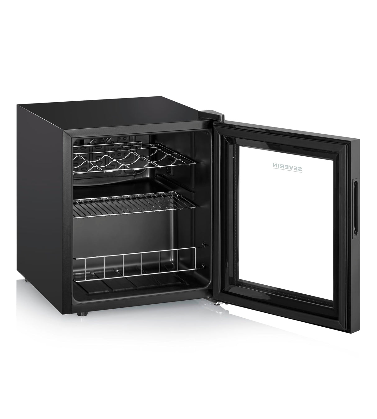 SEVERIN WKS 8907 Vinoteca para 15 Botellas, 46 L, Temperatura: 5° y 18°C, Nivel Ruido 43 dB(A), Puerta de Cristal con Marco de Plástico y 2 Rstantes Cromados, 1 de Ellos Regulable en Altura, Negro
