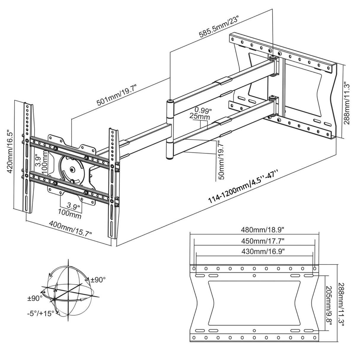 Nanook 2120 Soporte de Pared de Brazo Largo para televisores de 42 a 75 Pulgadas, Extensión Extra Larga de hasta 120 cm, Soporte de TV Que Permite Movimiento Completo, Soporta un Peso de hasta 40 kg