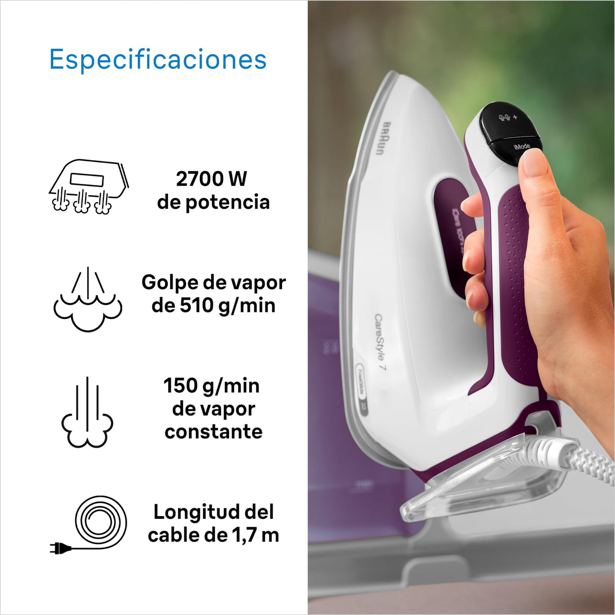 Braun CareStyle 7 IS7266VI, Plancha con Generador de Vapor Profesional, FreeGlide 3D, iMode e iCare, Planchado Vertical, Ultimate FastClean, Apagado Automático, Depósito Extraíble 2 L, 2700W, Violeta