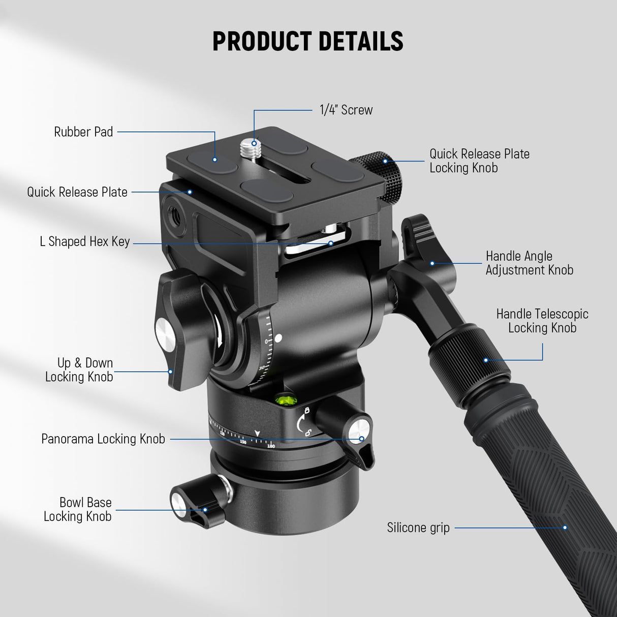 NEEWER Cabezal Fluido para Trípode con Base Niveladora de +/-7° (φ48mm), Soporte de Cabezal de Video Mini Pan Tilt Metal con Placa QR Tipo Arca, Mango Telescópico para Cámara Video Cámara DSLR, GM35
