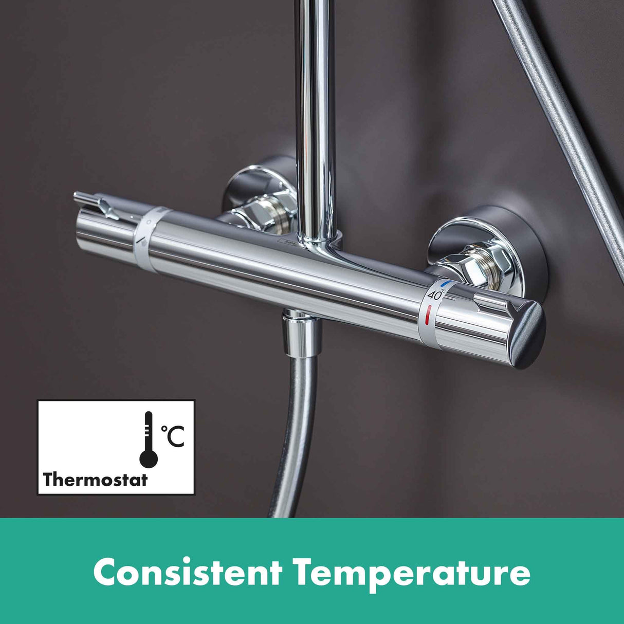 hansgrohe Croma Select S - sistema de ducha con termostato, ducha lluvia (280 mm) con grifo, ducha de mano (3 tipos de chorro), flexo, barra, ducha fija redondo (1 tipo de chorro), cromo, 26790000