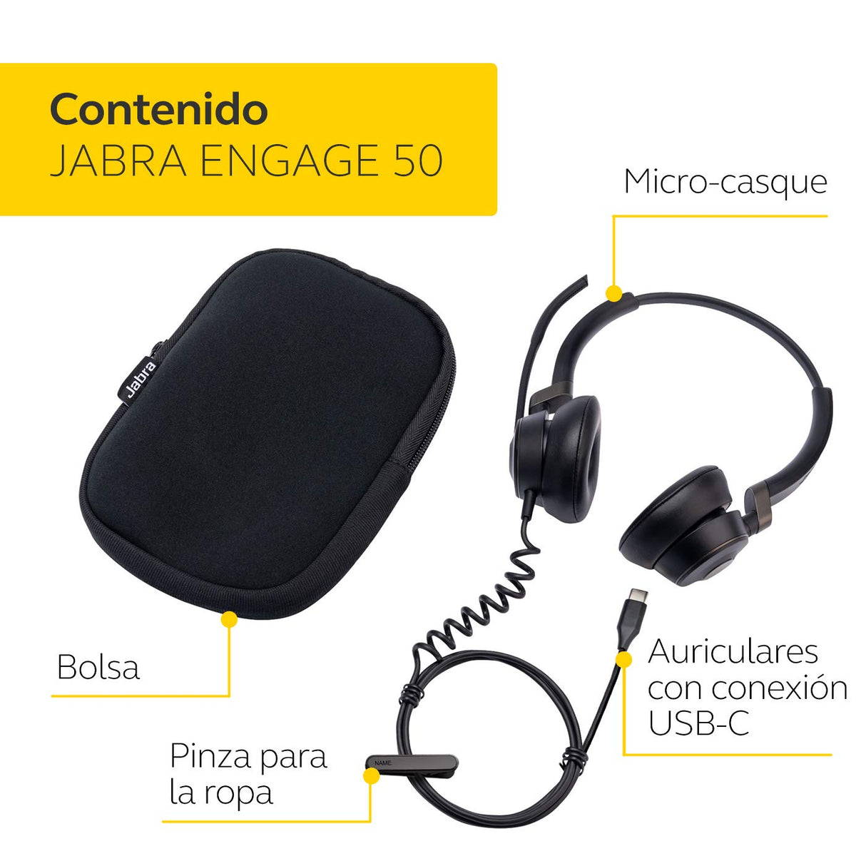 Jabra Engage 50 - Auriculares Digitales estéreo con Cable certificados para Microsoft Teams - Cancelación pasiva de Ruido para softphones y Clientes Web - Cable USB-C - Negro