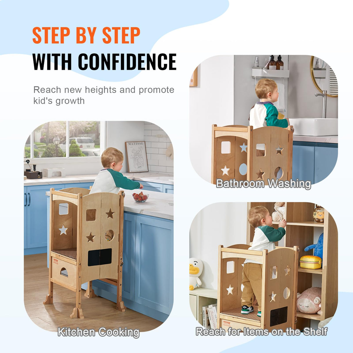 VEVOR Torre de Observación para Niños Carga de 56,75 kg Torre de Aprendizaje Montessori Plegable Madera Maciza Red de Seguridad de 3 Alturas para Niños Pequeños, Dormitorio, Baño, Mostrador de Cocina