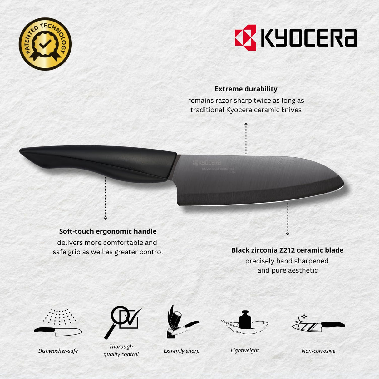Kyocera, negro, ZK-180 BK EU, Cuchillo de chef, 18 cm, hoja de cerámica de circonia, afilada a mano, ligera, no corrosiva, sin transferencia de sabor, apta para lavavajillas, mango suave al tacto