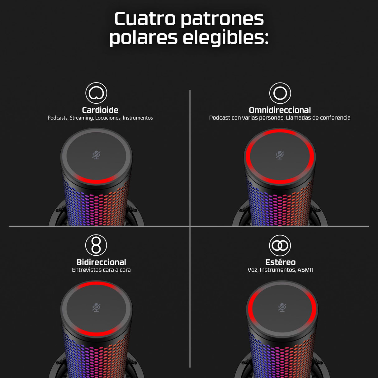 HyperX Quadcast 2 S - Micrófono USB para Gaming, Streaming y Creadores de Contenido, Cuatro Patrones Polares, 32bit, 192kHz, aRGB Leds, para PC, PS4, PS5 y Mac, Negro