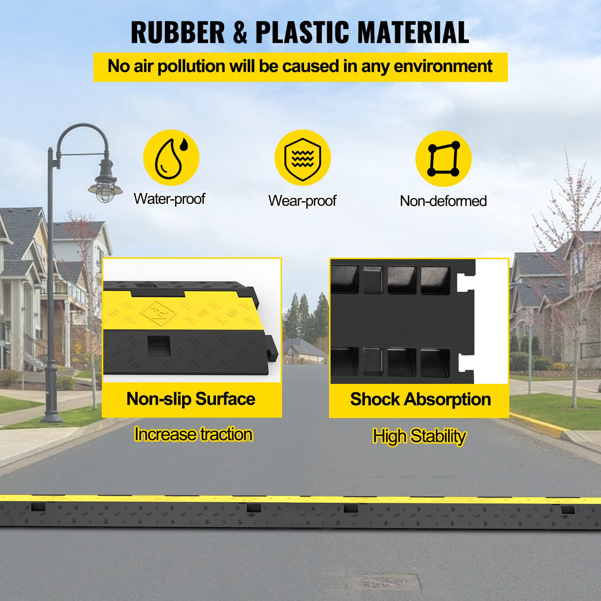 VEVOR Rampa de Protección de Cable 5 Piezas 2 Vías Canaleta Pasacables de Suelo 3,2x3,1cm Protector de Cables Caucho y PVC Capacidad de Carga 4,989kg Cubiertas de suelo para Cables Negro y Amarillo