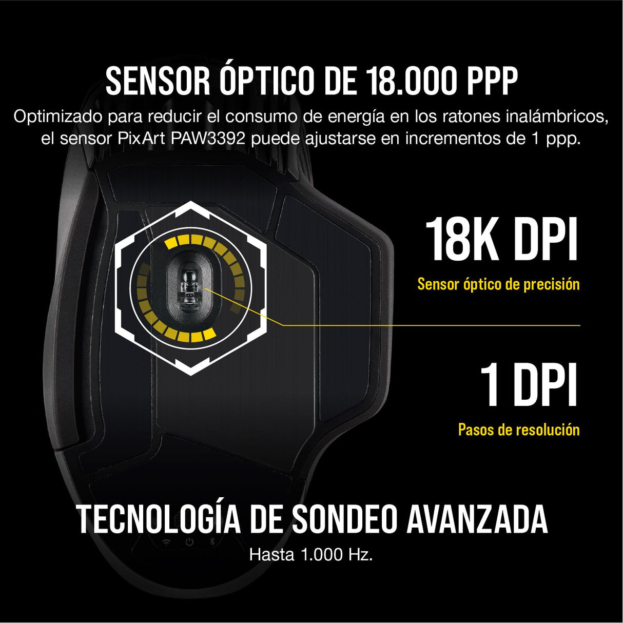 Corsair DARK CORE RGB PRO Ratón Inalámbrico FPS/MOBA para Juegos - 18.000 PPP - 8 Botones Programables - Inalámbrico Sub-1ms - Compatible con iCUE - PC, Mac, PS5, PS4, Xbox - Negro