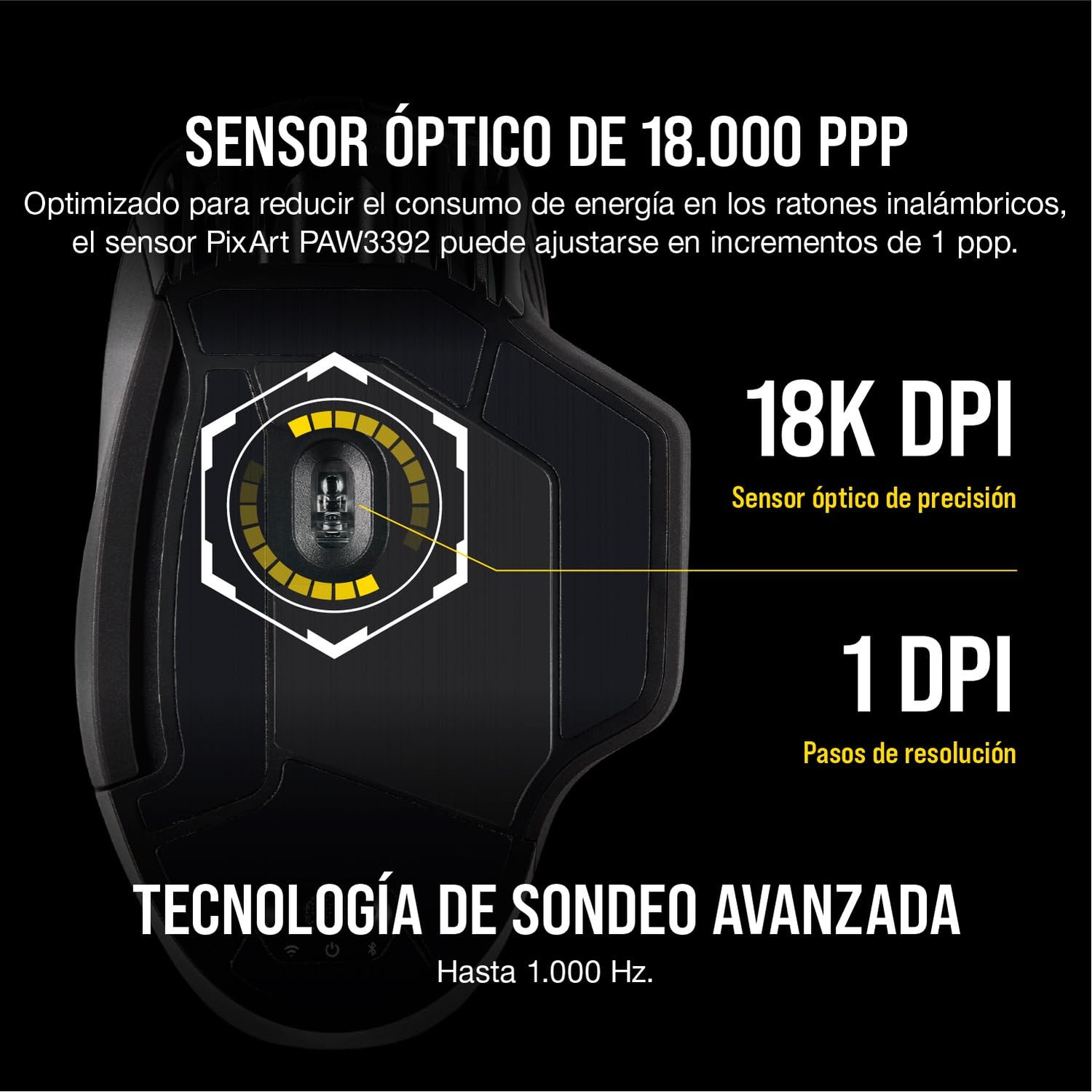 Corsair DARK CORE RGB PRO Ratón Inalámbrico FPS/MOBA para Juegos - 18.000 PPP - 8 Botones Programables - Inalámbrico Sub-1ms - Compatible con iCUE - PC, Mac, PS5, PS4, Xbox - Negro