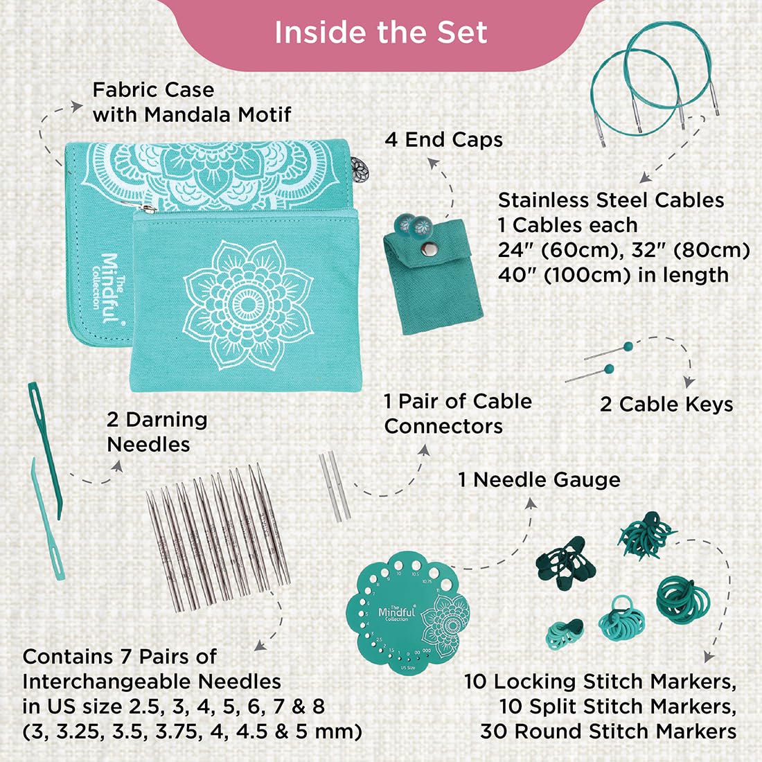KnitPro Mindful Juego de Agujas Intercambiables - 7 Pares de Agujas de Tejer Circulares de 13 cm con Accesorios Mindful Hope Set para Principiantes, Profesionales y Set de Regalo