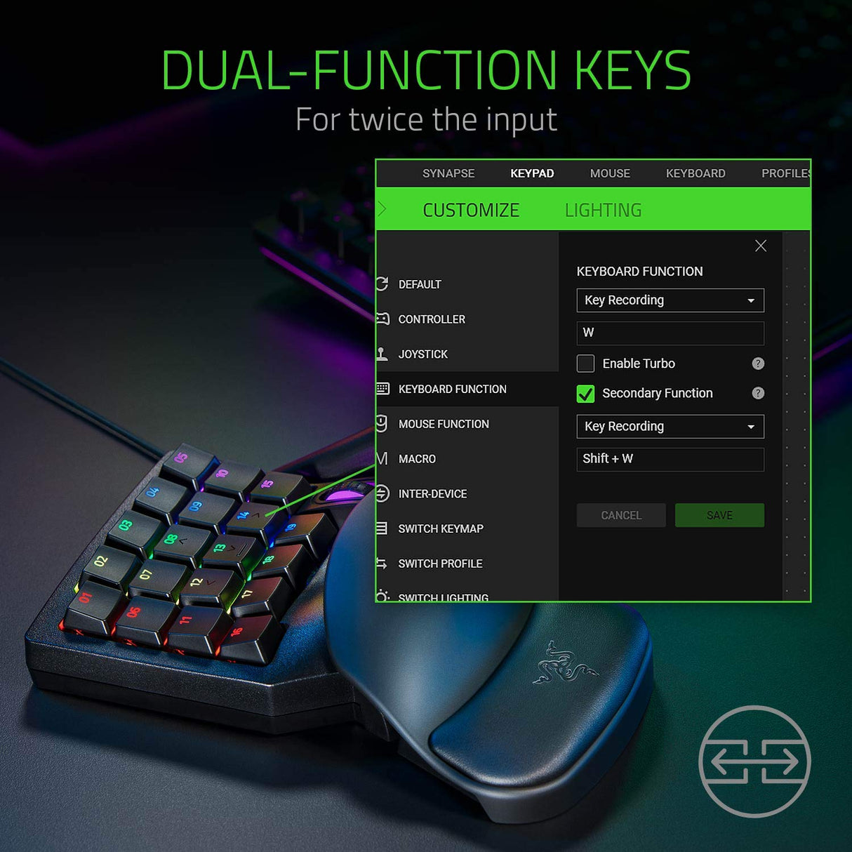 Razer Tartarus Pro - Teclado de Interruptor Óptico Analógico (Actuación Ajustable, 32 Teclas Programables, 8 Perfiles de Alternancia Rápida, Rapid Trigger) Negro