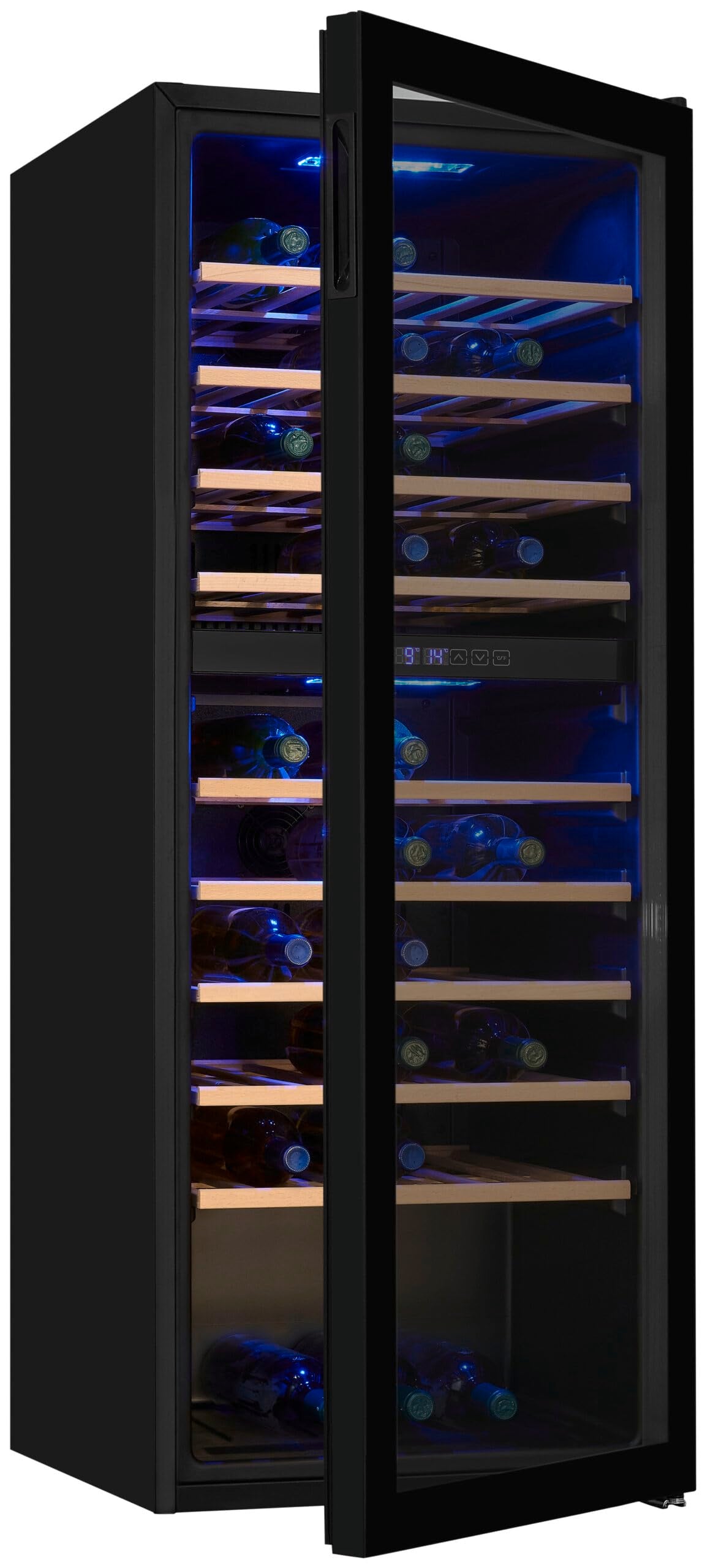 Exquisit® Vinoteca para 78 Botellas, 194L, Negro, Clase G, Doble Zona de Temperatura 5-20°C, Control Digital, Puerta de Cristal Reversible, Iluminación LED, 9 Estantes, Medidas (128,5 x 49 x 57,5 cm)
