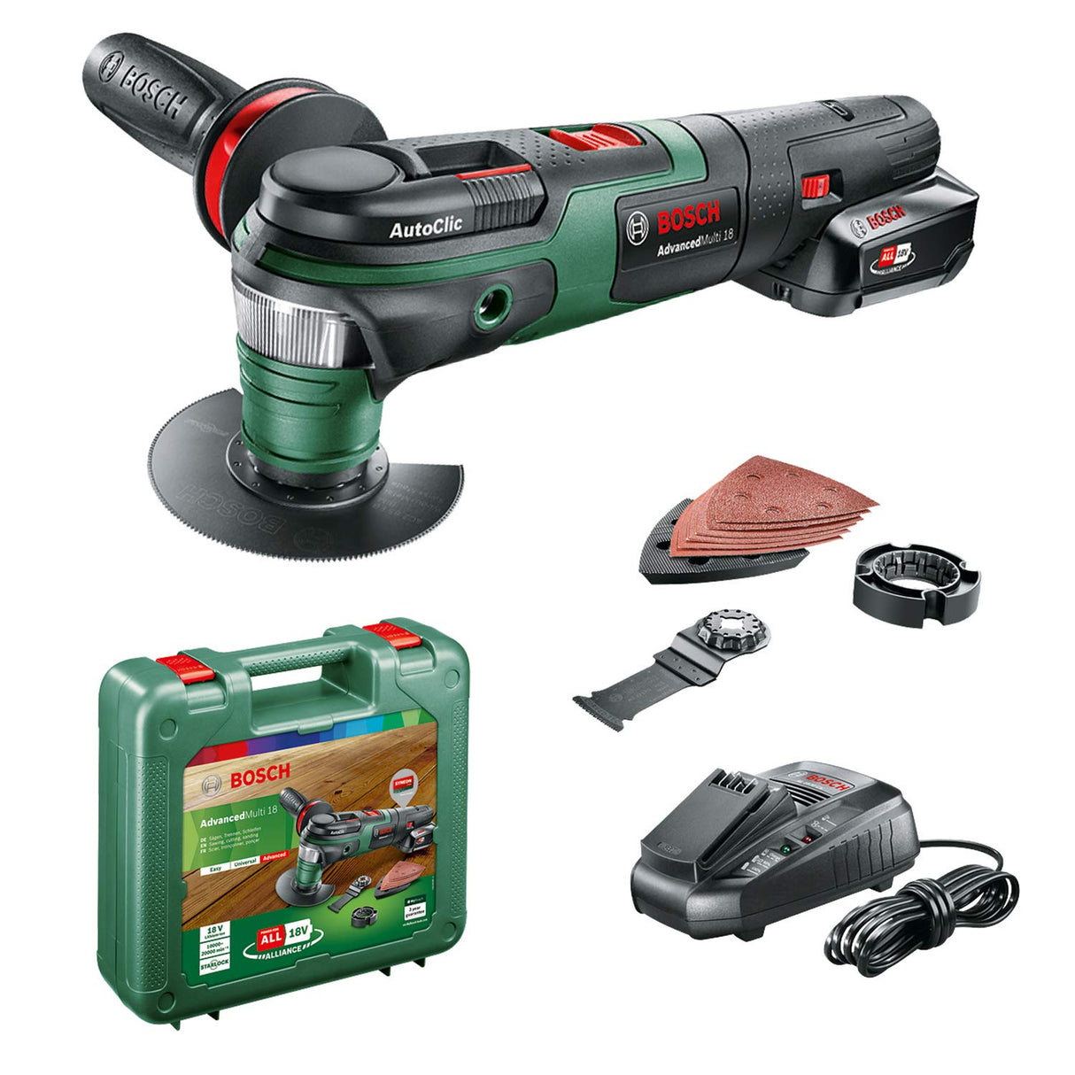 Bosch AdvancedMulti 18 - Multiherramienta a batería con maletín (1 batería 18V, cargador, plato lijador delta, set de hojas de lija, 2x hojas de sierra, empuñadura adicional, Sistema 18 V, 2,5 Ah)