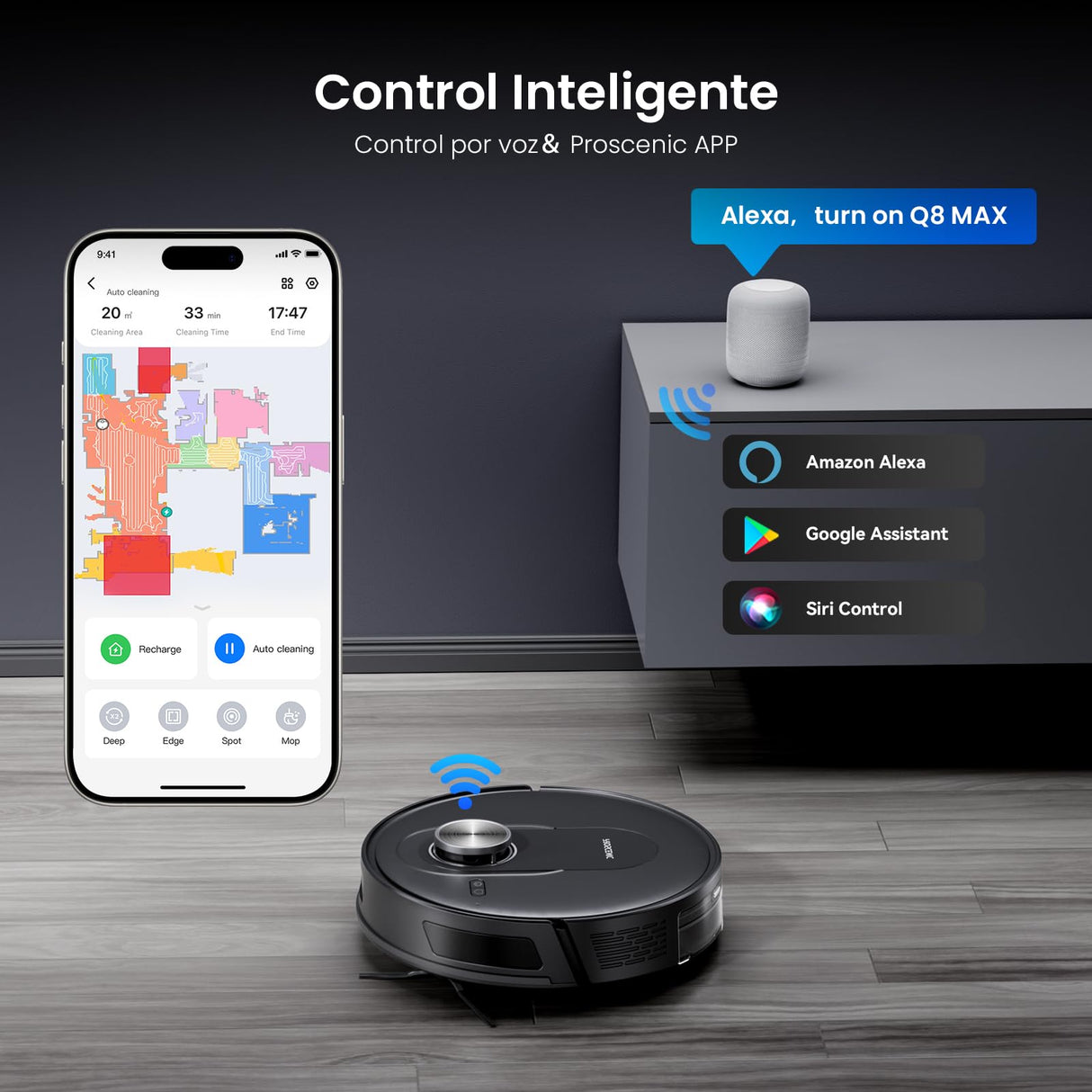 Proscenic Q8 MAX Robot Aspirador y Fregasuelos Potente 8000Pa/200 Min, Robot Aspirador con Sistema de Navegación Láser Inteligente, App y Alexa/Google/Siri, para Moqueta y Pelo de Mascotas/Suelos