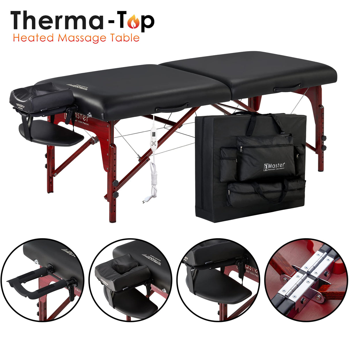 Master Masaje 71 cm Montclair – Camilla de Masaje móvil ThermaTop Sistema de calefacción Integrado Plegable Cama de Masaje Banco de cosméticos portátil Bed Madera Bolsa de Transporte Paquete Negro