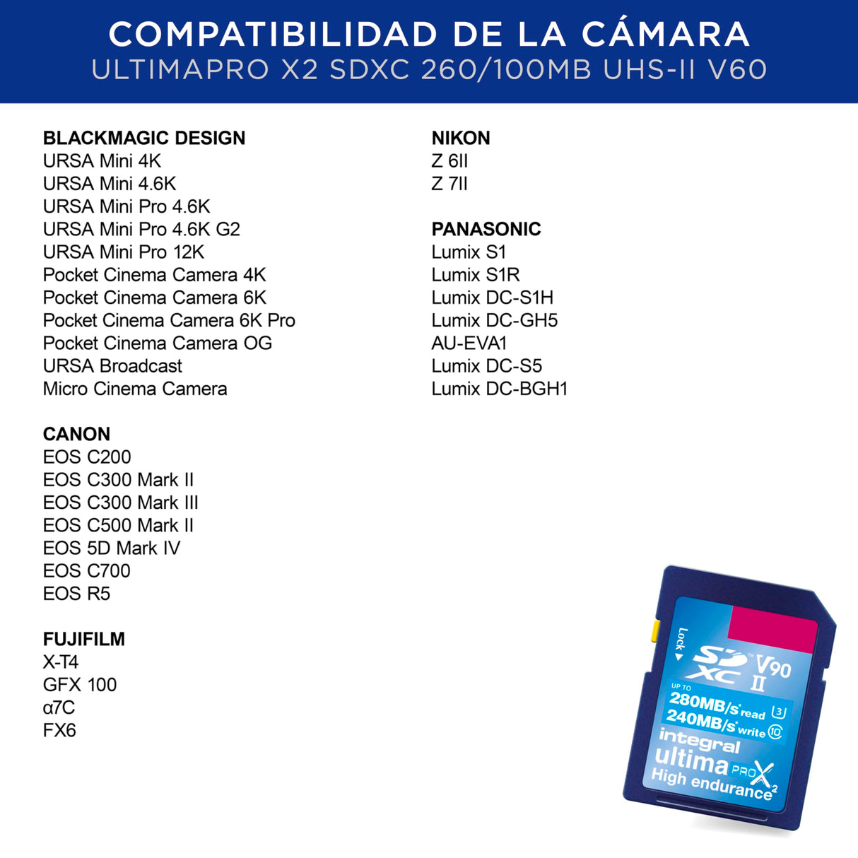 Integral Tarjeta SD de 512 GB UHS-II v90 con velocidades de lectura de hasta 280 MB/s y velocidades de escritura de 240 MB/s. Tarjeta de memoria de alta velocidad profesional SDXC