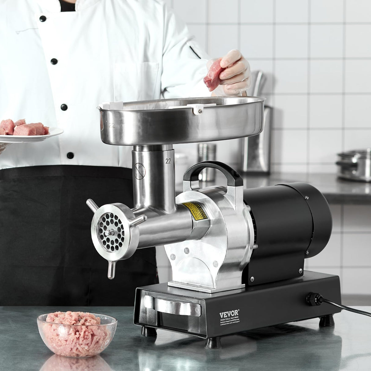 VEVOR Picadora de Carne Eléctrica Industrial de Encimera, Capacidad de 6,36 kg/Min, con Cuchilla, Placa Molienda, para Hacer Salchichas, Acero Inoxidable, para Cocina y Restaurante, 570 x 270 x 470 mm