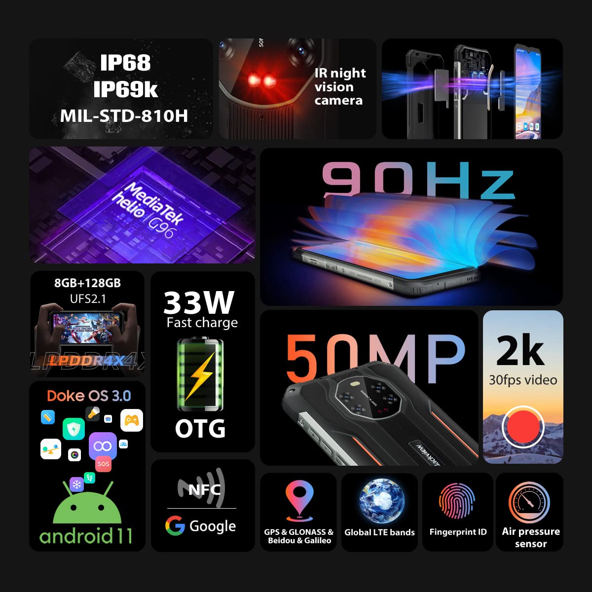Blackview - Smartphone irrompible BV8800, 6,58 Pulgadas, 90 Hz, FHD+, AI 50 MP, Cuatro cámaras de visión Nocturna, Helio G96 8 GB + 128 GB, batería 8380 mAh, IP68 teléfono móvil Impermeable Android