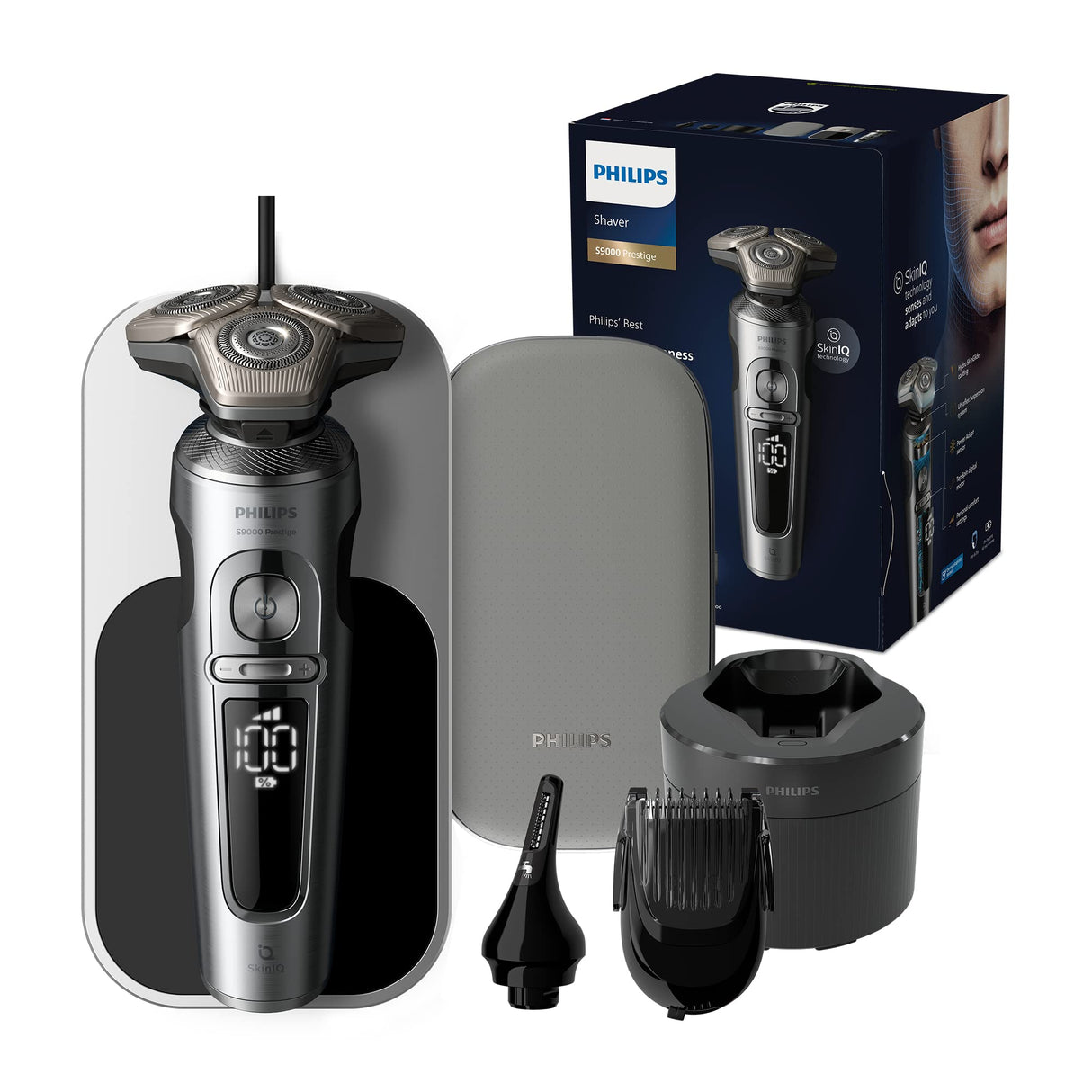 Philips Serie 9000 Prestige Afeitadora Eléctrica Hombre,Máquina de Afeitar Barba con Barbero, 60min de uso, En Seco y Húmedo, Recargable, Centro de Limpieza, Base Carga QI, Naricero, SP9885/35, Cromo
