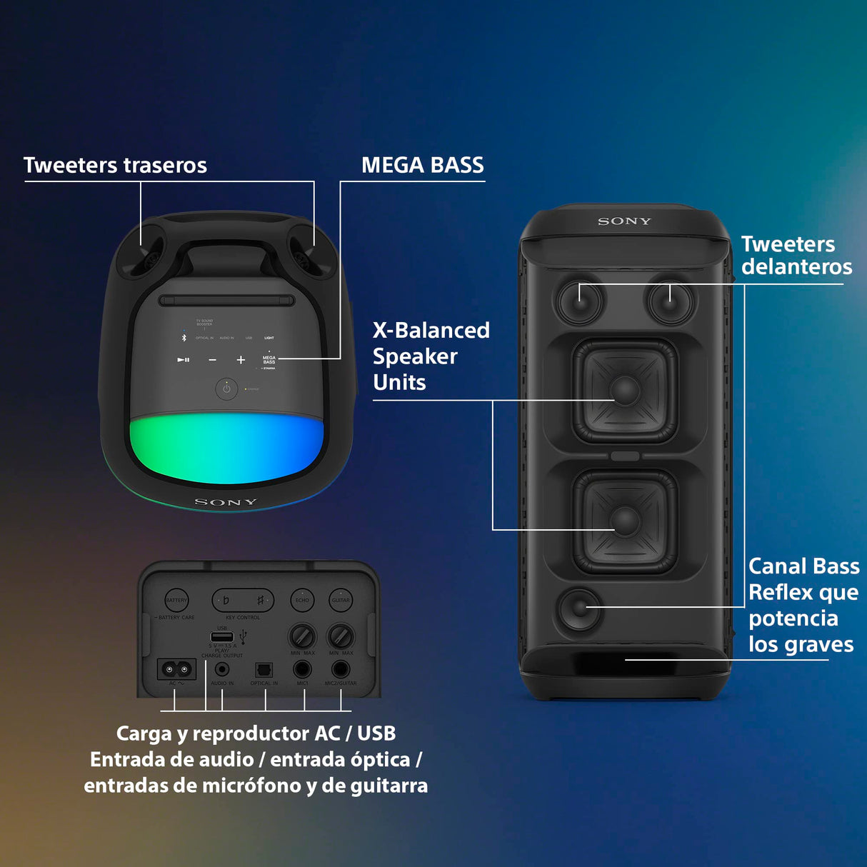 Sony SRS-XV800 Altavoz Inalámbrico para Fiestas con Sonido Potente 360° y Mega Bass, 25 Horas Batería, Portátil, para Interiores y Exteriores, Iluminación, Karaoke