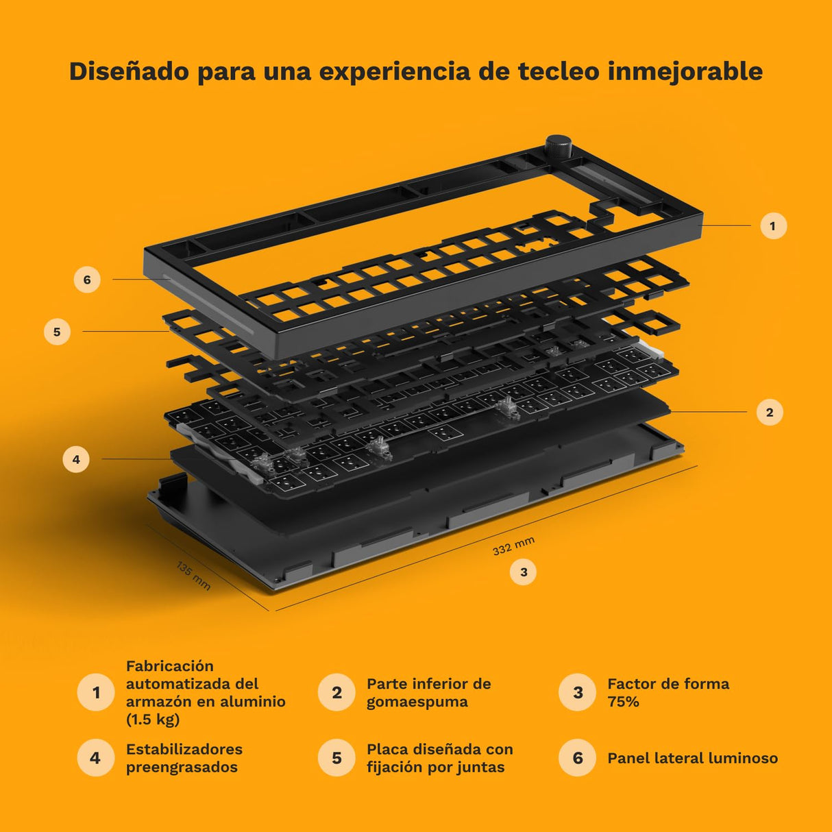 Glorious Gaming GMMK PRO 75% Barebones (solo carcasa) - Teclado gaming mecánico modular, TKL, carcasa de 1,5 kg, RGB, personalizable, switches de 5 pines, distribuciones internacional / ISO - Negro