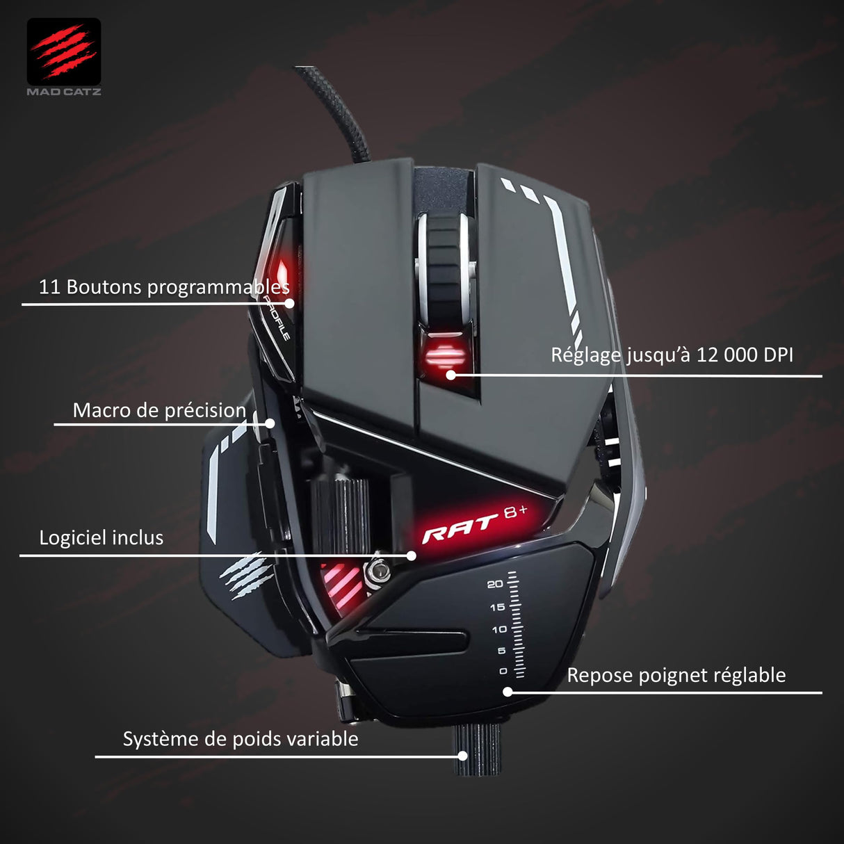 Mad Catz MR05DCINBL000-0 R.A.T. 8+ - Ratón (mano derecha, Óptico, USB, 16000 DPI, 16000 pps, Negro), rojo